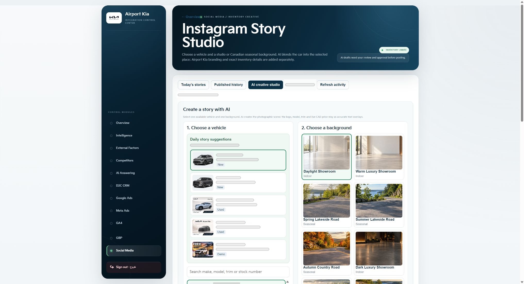Real Instagram Story Studio with vehicle and background selection; internal values redacted