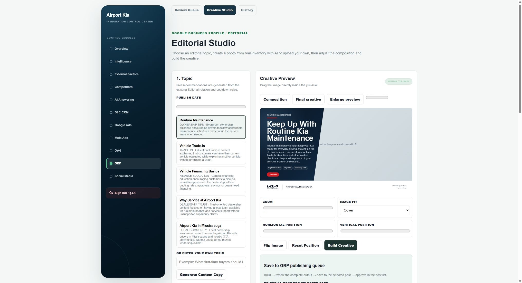 Real Google Business Profile Editorial Studio with composition preview; internal values redacted
