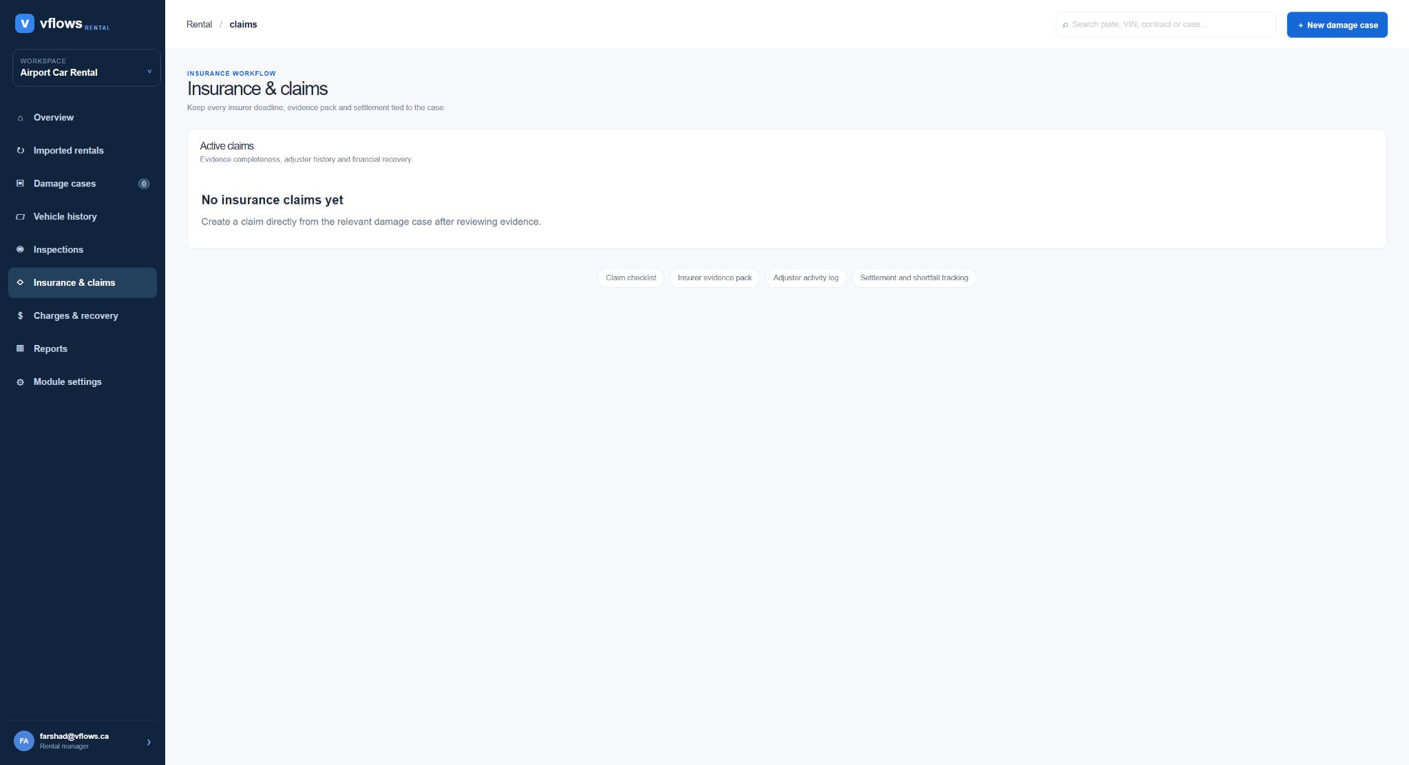 VFlows Rental insurance claims workspace